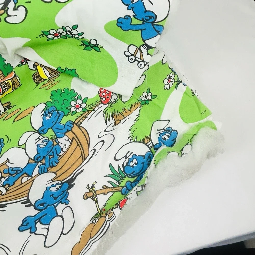 Vintage Smurfs Baby Blanket Quilt Project Unfinished Edges 48x42 Handmade 80s
